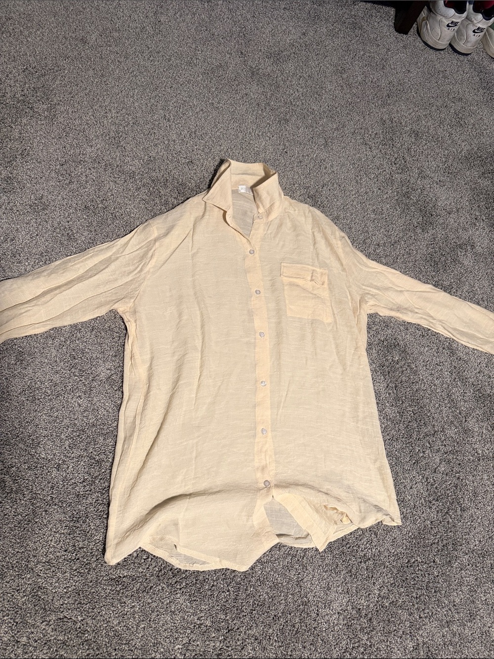 Men's Lightweight Cream Button-Up Linen Shirt
